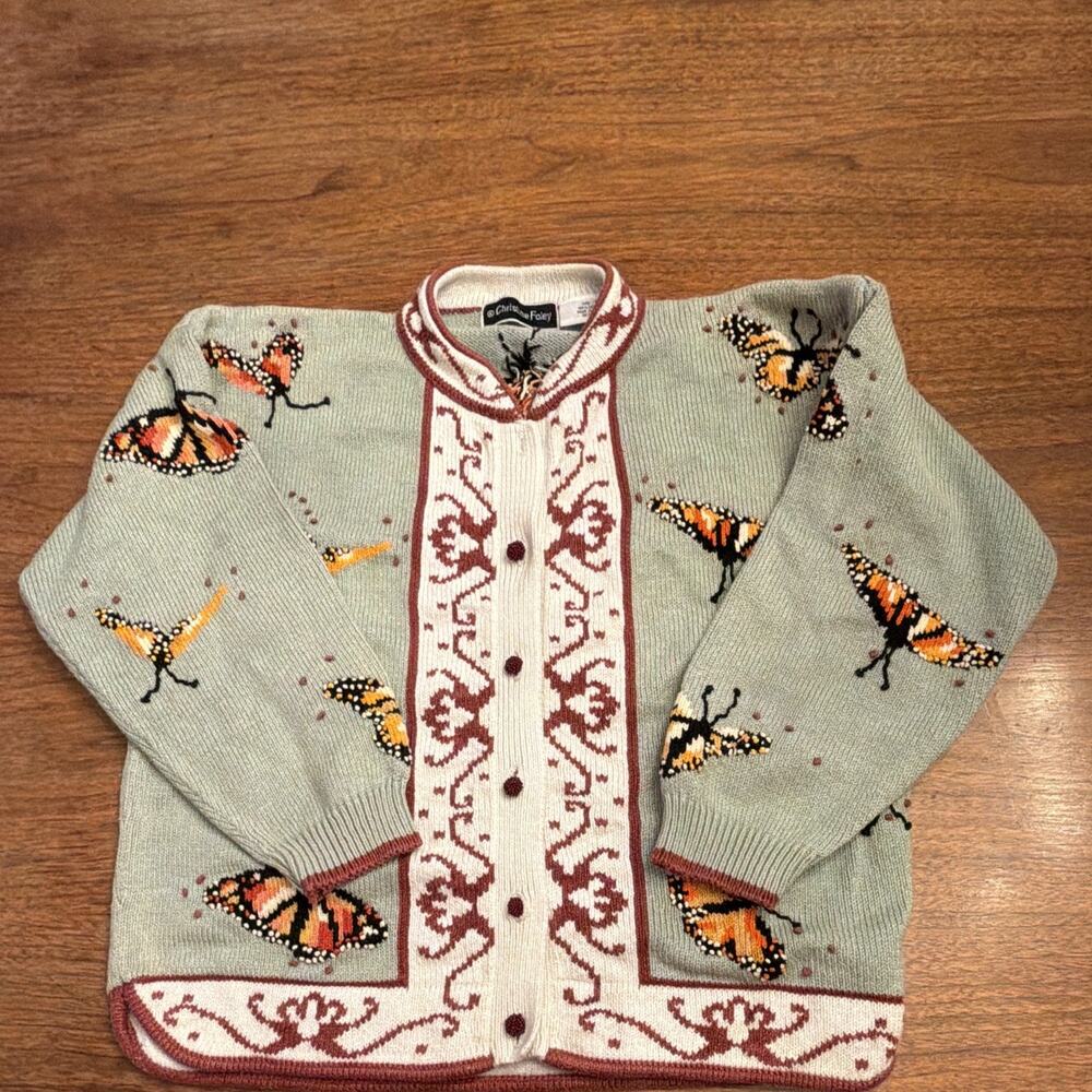 VTG Christine Foley M Green Monarch Butterfly Cardigan Cottagecore 80s 90s RARE